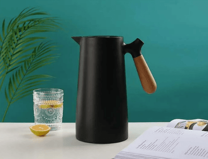 Insulated Glass Carafe with Wood Handle for Coffee Tea Water 34 oz Hot Cold Beverage Pitcher Vacuum Flask