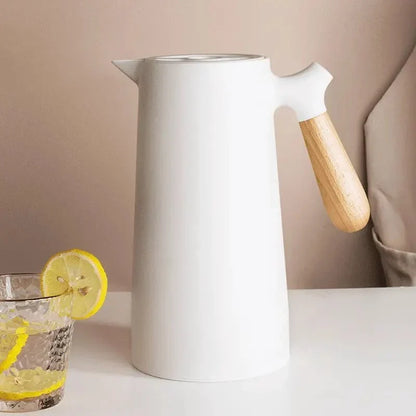 Insulated Glass Carafe with Wood Handle for Coffee Tea Water 34 oz Hot Cold Beverage Pitcher Vacuum Flask