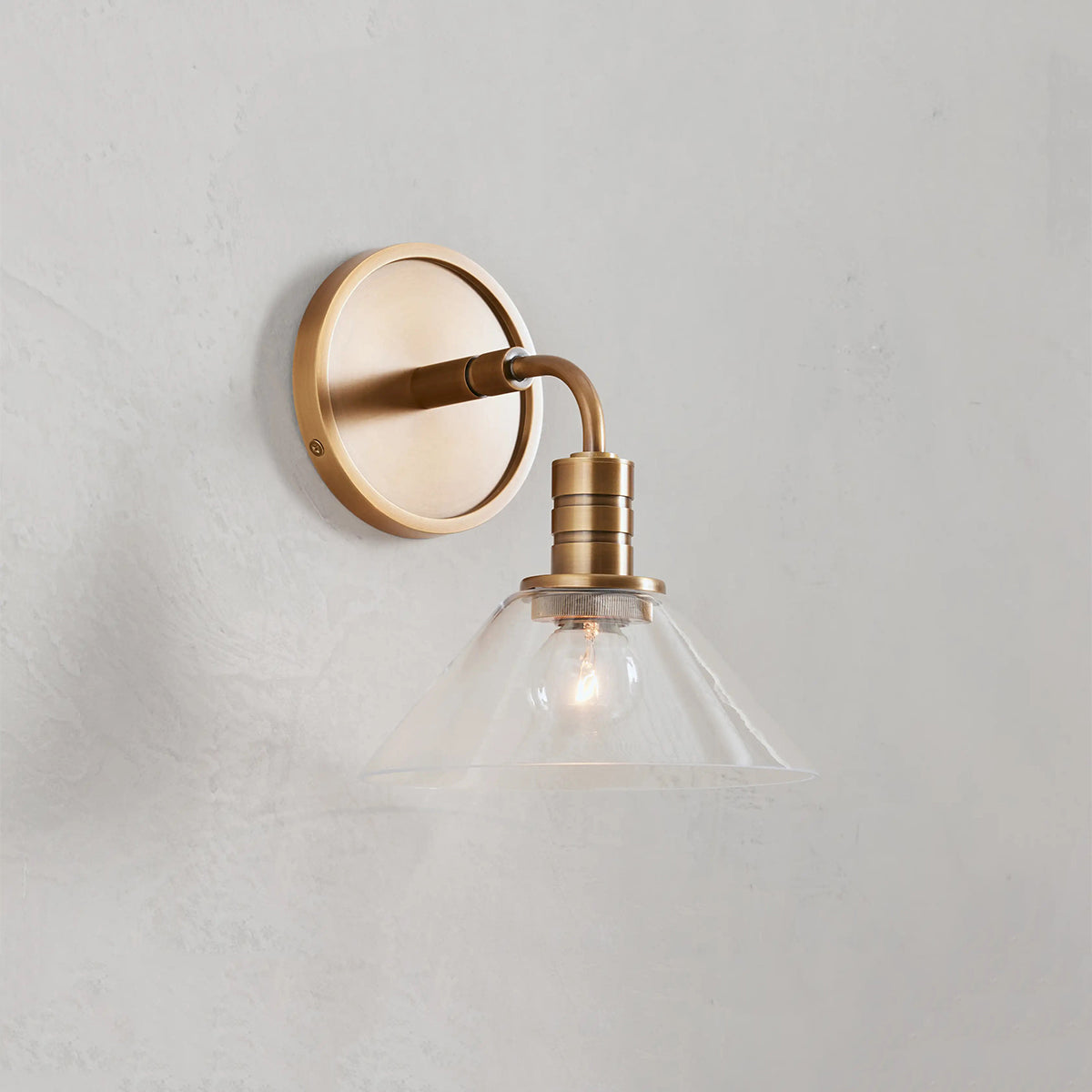 Industrial Wall Sconce with Glass Cone Shade – Brass or Bronze Finish, Hardwired Modern Lighting for Hallway, Bedroom & Living Room