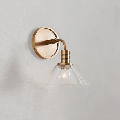 Industrial Wall Sconce with Glass Cone Shade – Brass or Bronze Finish, Hardwired Modern Lighting for Hallway, Bedroom & Living Room
