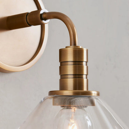 Industrial Wall Sconce with Glass Cone Shade – Brass or Bronze Finish, Hardwired Modern Lighting for Hallway, Bedroom & Living Room