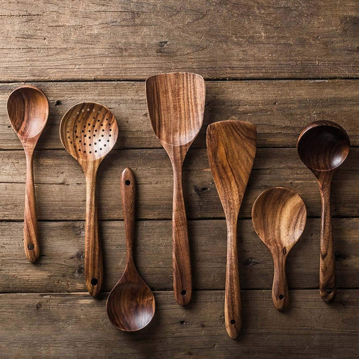 7-Piece Teak Kitchen Tool Set with Ergonomic Grip for Safe Nonstick Pan Use, Soup Stirring, Sauce Prep, Family Meals, Organized Countertop S