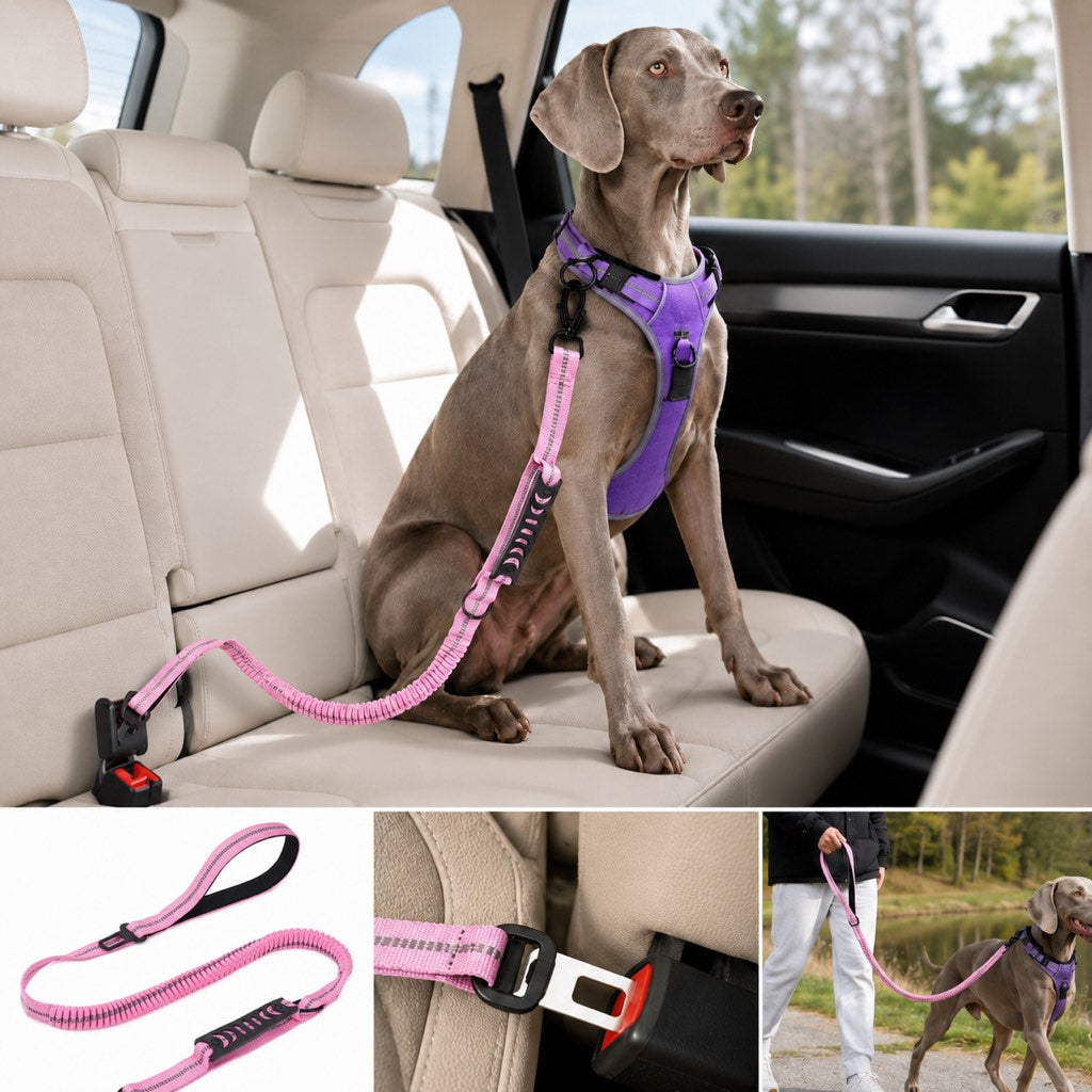Ortekor Reflective Dog Car Seat Belt Leash for Backseat Travel & Daily Walks - Shock-Absorbing Bungee Tether to Help Reduce Pulling & Driver Distraction