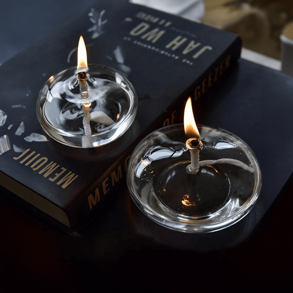 Clear Glass Oil Lamp Candle Holder with Wick for Table Centerpiece | Rustic Tabletop Lighting | Ambient Flame Décor for Dining Room