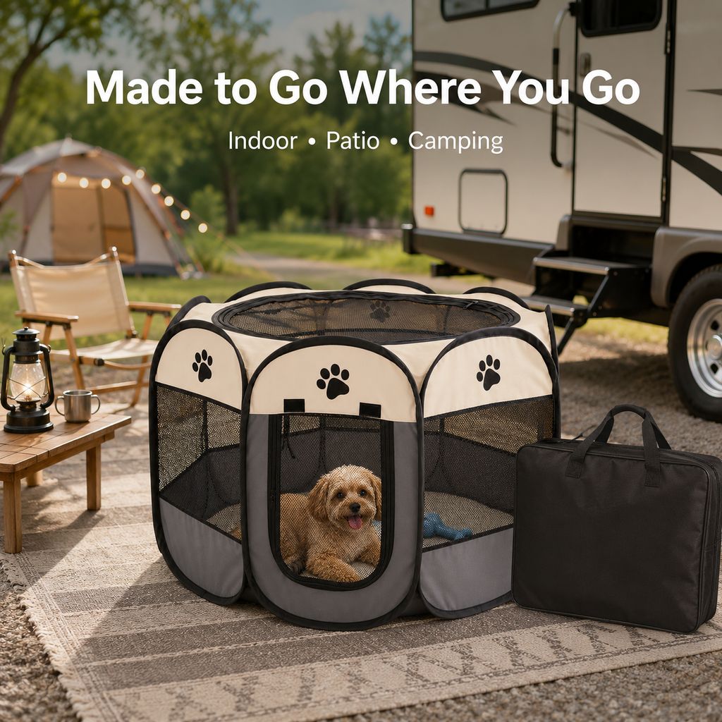 Ortekor Portable Foldable Dog & Cat Playpen for Home, Travel & Camping - Breathable Space-Saving Pet Pen with Carry Bag