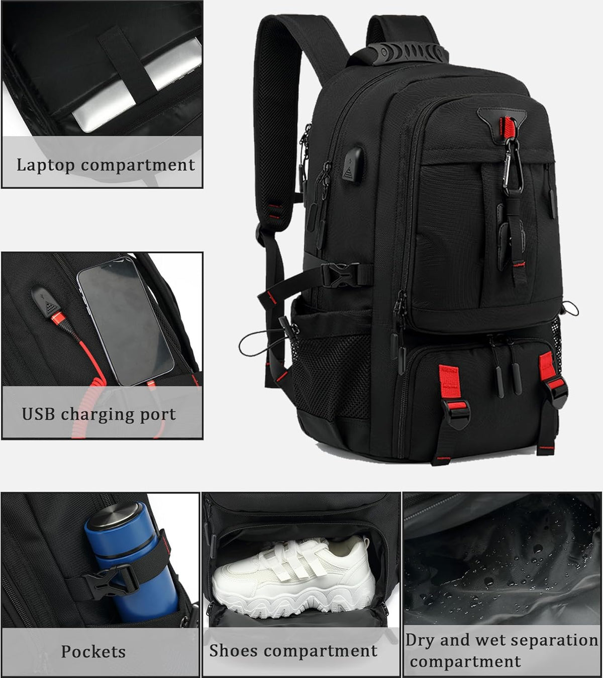 Large Expandable Backpack 60-Liter USB Charging Port Laptop Compartment up to 17 Inch Travel Carry-On Shoe Storage Anti-Theft Pocket for Bus