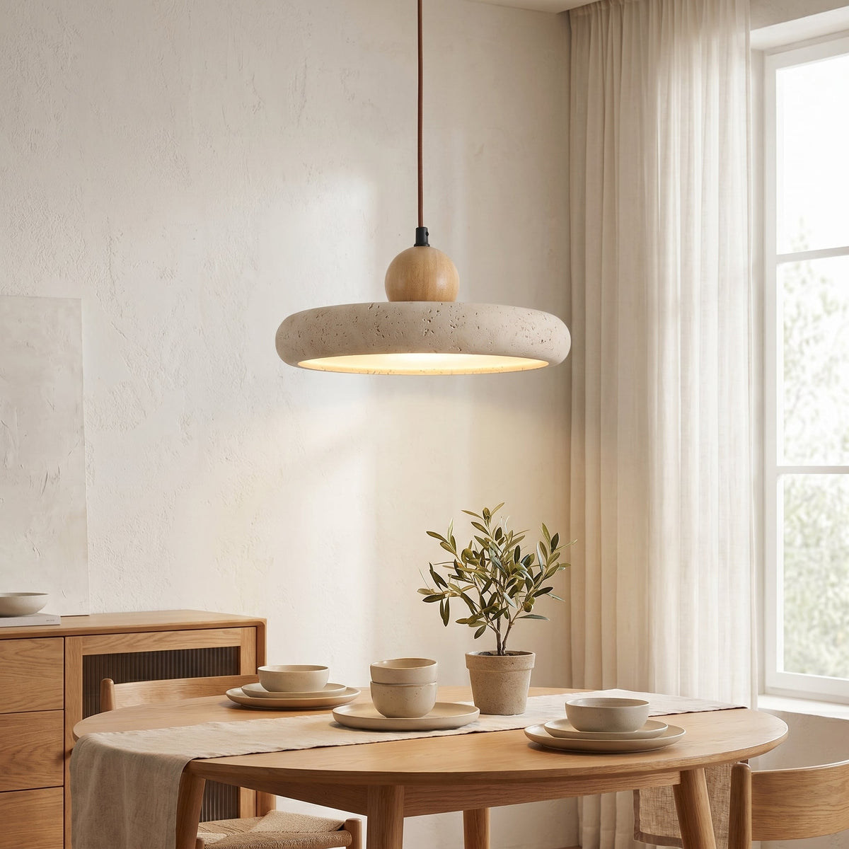 Travertine Stone & Wood Pendant Light – LED Ceiling Lamp for Dining Room, Kitchen Island & Bar – Scandinavian Minimalist Design