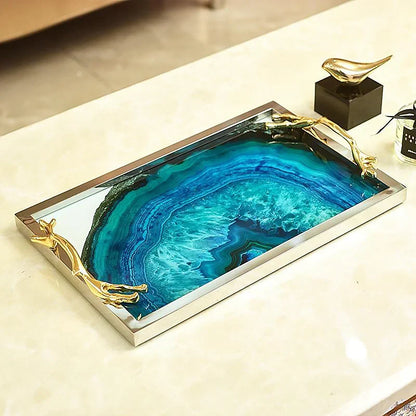 Glass Decorative Tray with Agate Design – 16-Inch Round & Rectangular Platter for Dining Room, Coffee Table, Vanity Display