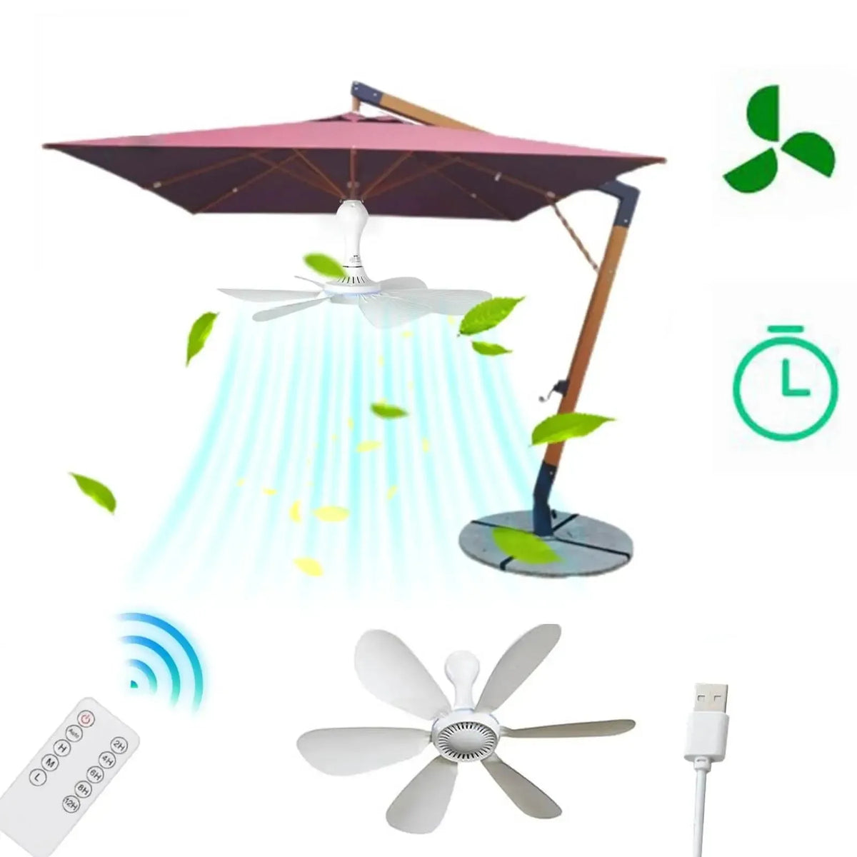 Portable Hanging Fan with Remote – 6-Blade Ceiling Fan and Timer for Camping, Tents, RVs