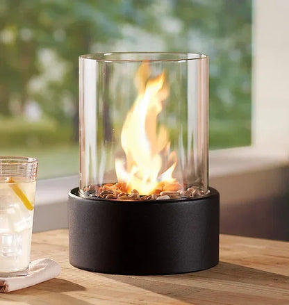 Portable Tabletop Fire Lantern with Glass Cylinder for Indoor Outdoor Ambient Lighting | Gas Fuel Flame Accent Décor for Patio Dining Living