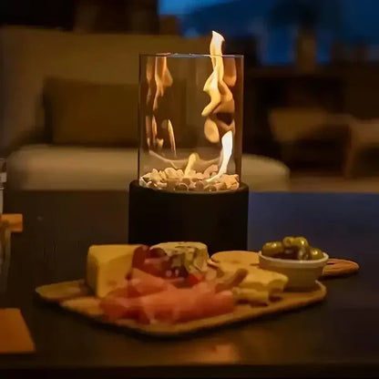 Portable Tabletop Fire Lantern with Glass Cylinder for Indoor Outdoor Ambient Lighting | Gas Fuel Flame Accent Décor for Patio Dining Living