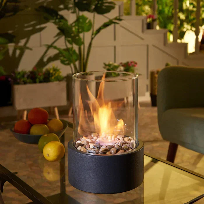 Portable Tabletop Fire Lantern with Glass Cylinder for Indoor Outdoor Ambient Lighting | Gas Fuel Flame Accent Décor for Patio Dining Living