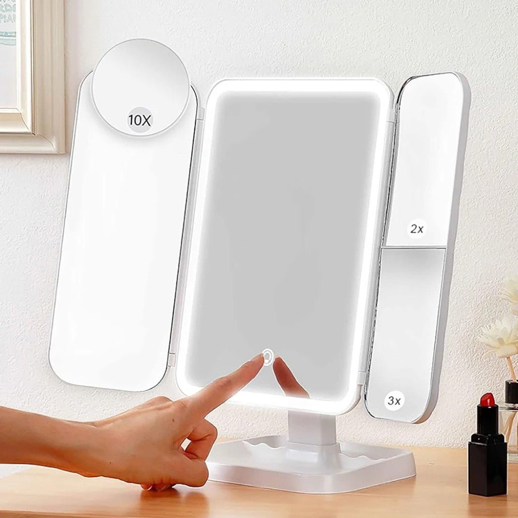 LED Vanity Mirror 4-Panel Fold-Out with 1X 2X 3X 10X Zoom Touch Control Rechargeable for Makeup Application