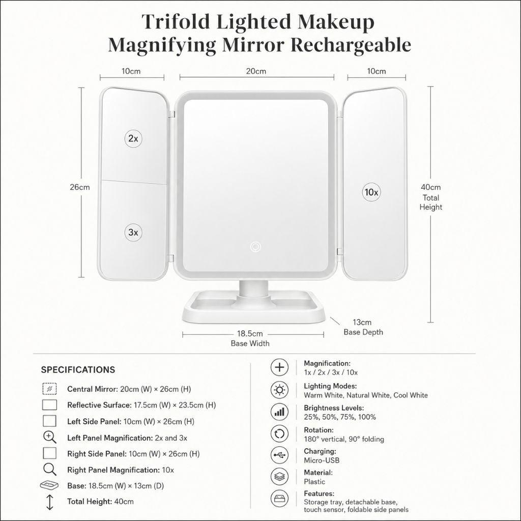 LED Vanity Mirror 4-Panel Fold-Out with 1X 2X 3X 10X Zoom Touch Control Rechargeable for Makeup Application