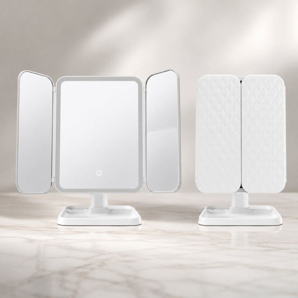 LED Vanity Mirror 4-Panel Fold-Out with 1X 2X 3X 10X Zoom Touch Control Rechargeable for Makeup Application