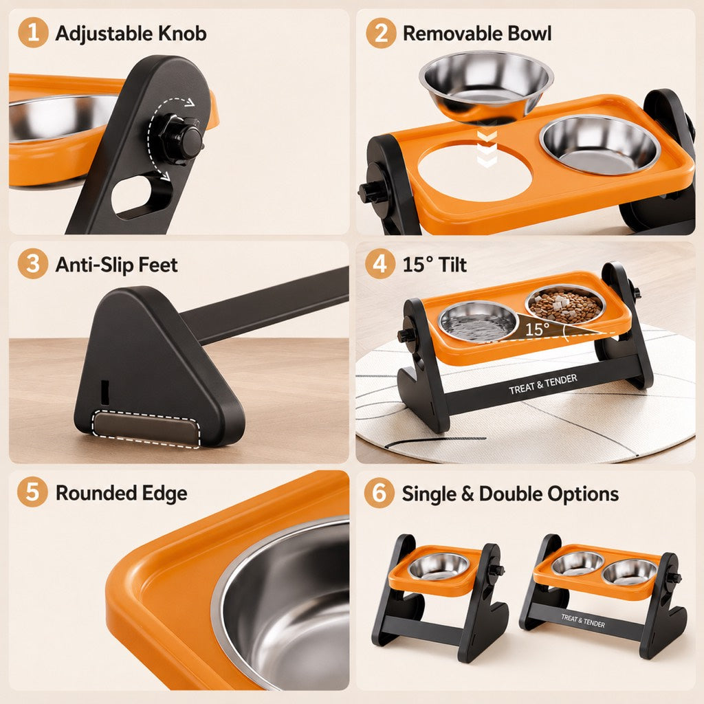 Ortekor Adjustable Elevated Stainless Steel Pet Bowls for Cats & Small Dogs - Tilted Feeding Station for Easier Mealtime & Less Floor Mess