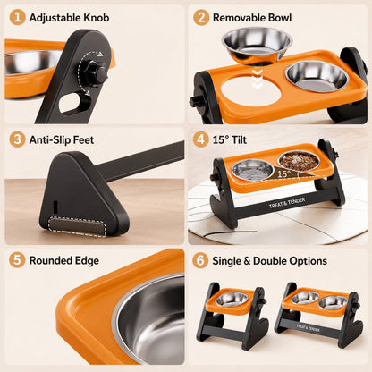 Ortekor Adjustable Elevated Stainless Steel Pet Bowls for Cats & Small Dogs - Tilted Feeding Station for Easier Mealtime & Less Floor Mess