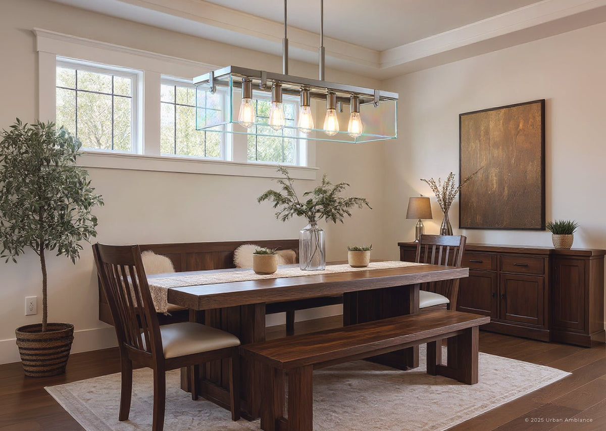 Linear Overhead Island Fixture Steel Frame Beveled Glass 37-Inch 5-Light Adjustable Chain Brushed Nickel for Kitchen & Dining