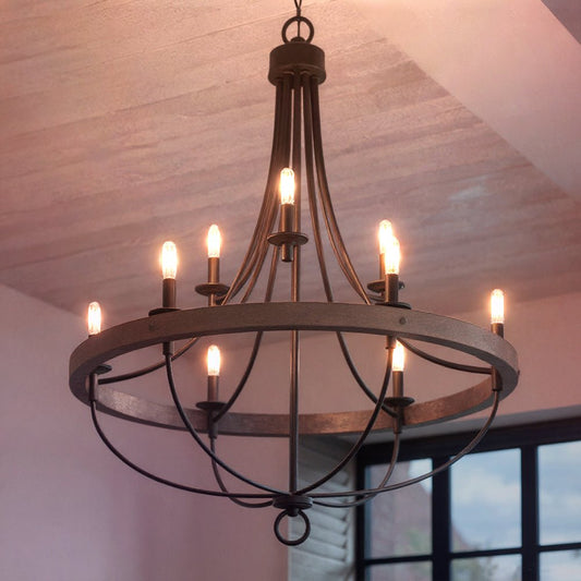 9-Light Steel Pendant Fixture Round Industrial Farmhouse Ceiling Light Charcoal 35-Inch Dining Room Open Cage Chandelier Adjustable Height