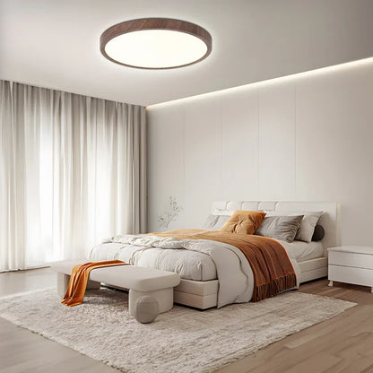 Round Wood-Grain LED Flush Mount Ceiling Light – Low-Profile Modern Fixture with 3-Way Dimming for Living Room, Bedroom & Hallway