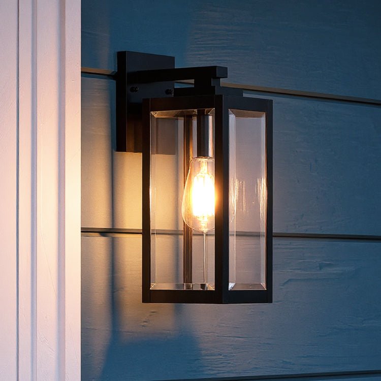 Steel Lantern Sconce Black 14-Inch Weatherproof Porch Light E26 Socket Beveled Glass Outdoor Fixture Entryway Illumination Modern Farmhouse