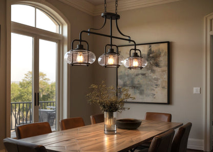 Three-Light Ceiling Fixture Steel & Textured Glass 38 in Wide Adjustable Height Bronze Finish Dining Room Hanging Light for Kitchen Island L