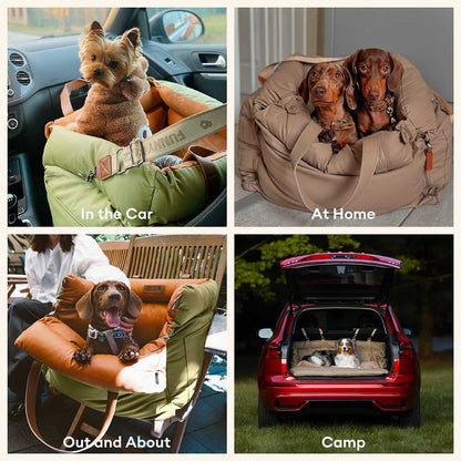 Pet Car Booster Seat Elevated Travel Bed for Small Dogs Cats Padded Safety Cushion with Leash Attachment Waterproof Faux Leather for