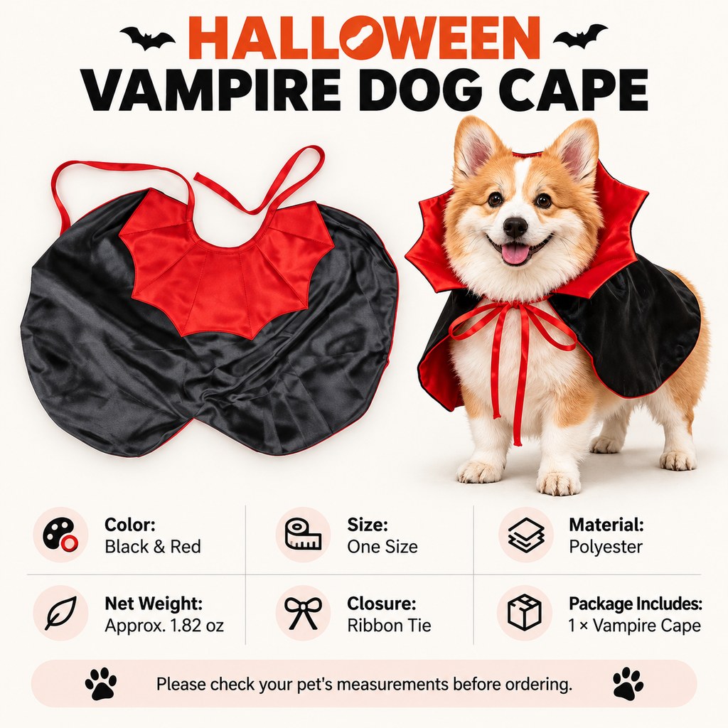 Ortekor Halloween Vampire Dog Cape Costume - Lightweight Black & Red Pet Cloak for Parties, Photos & Easy Dress-Up
