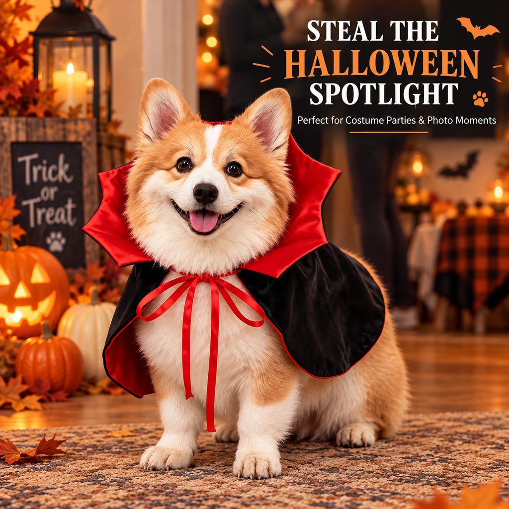 Ortekor Halloween Vampire Dog Cape Costume - Lightweight Black & Red Pet Cloak for Parties, Photos & Easy Dress-Up