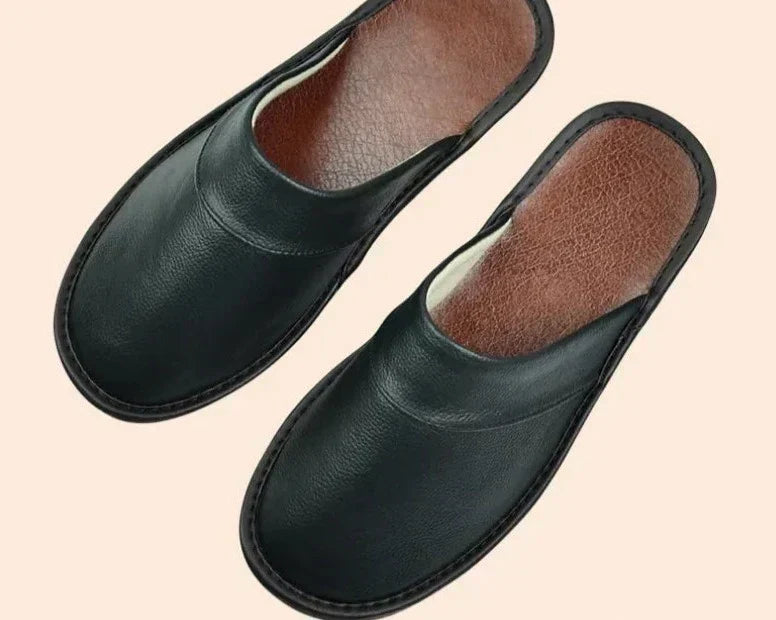 Men's Genuine Leather House Slippers – Soft Indoor Moccasins for Fall & Winter