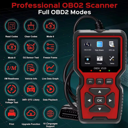 OBD2 Car Diagnostic Scanner with 2.8-Inch Color Display & 35,000+ Trouble Codes for Engine Checks, Live Data & Emissions Testing