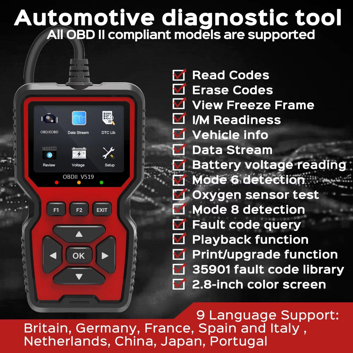 OBD2 Car Diagnostic Scanner with 2.8-Inch Color Display & 35,000+ Trouble Codes for Engine Checks, Live Data & Emissions Testing