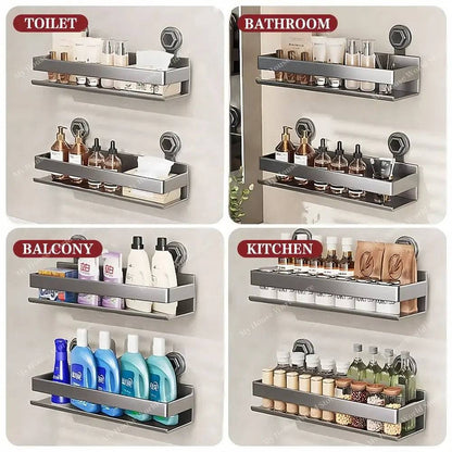 Stainless Steel Suction Cup Spice Shelf for Kitchen Walls – No-Drill Organizer Rack for Smooth Surfaces, Tiles & Glass – Adjustable