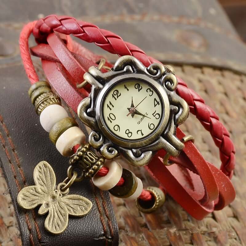 Layered Leather Wrap Watch for Women – Boho Leaf Charm Bracelet Timepiece for Everyday Style