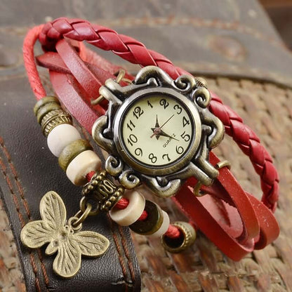 Layered Leather Wrap Watch for Women – Boho Leaf Charm Bracelet Timepiece for Everyday Style