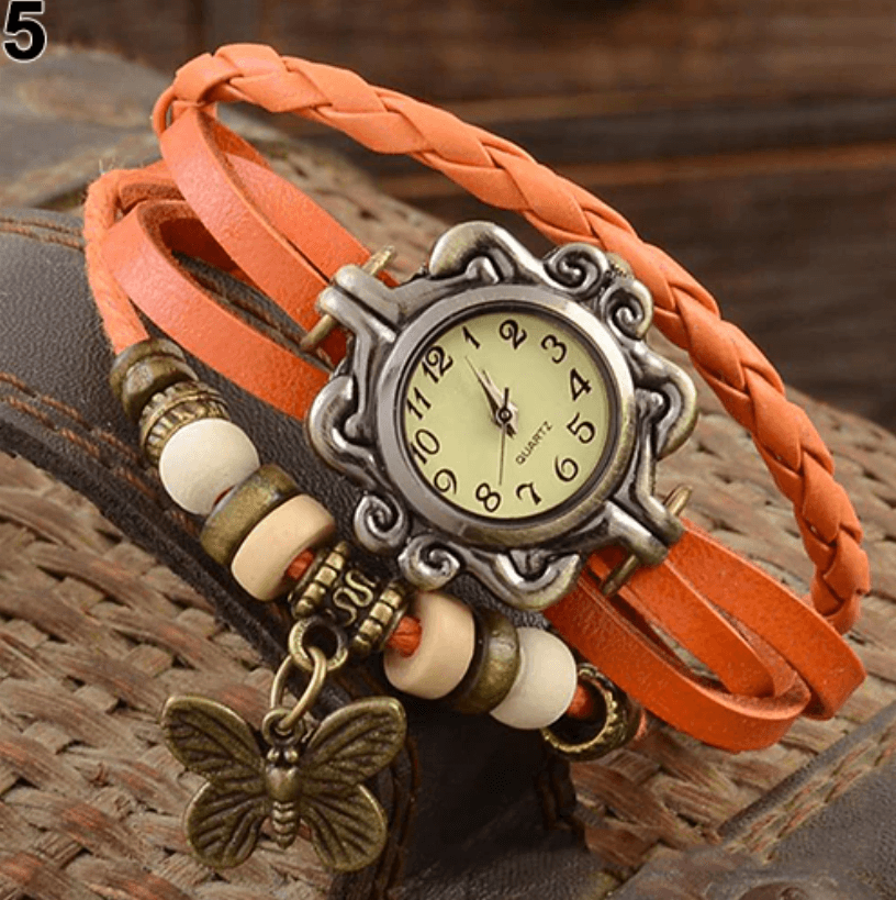 Layered Leather Wrap Watch for Women – Boho Leaf Charm Bracelet Timepiece for Everyday Style
