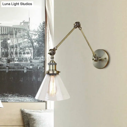 Adjustable Swing Arm Wall Lamp with Tapered Clear Glass Shade – Industrial Style Sconce for Bedroom, Hallway & Den