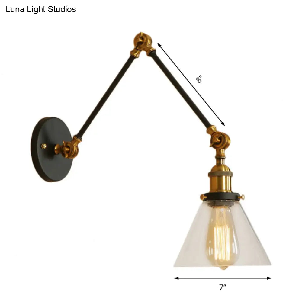 Adjustable Swing Arm Wall Lamp with Tapered Clear Glass Shade – Industrial Style Sconce for Bedroom, Hallway & Den
