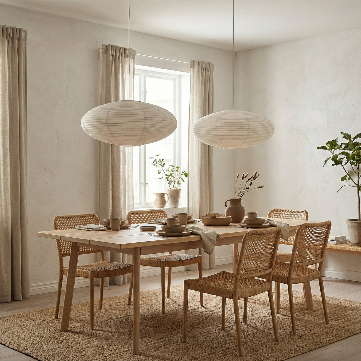 Paper Lantern Pendant Light E26 Minimalist Hanging Lamp for Dining Room Kitchen Island Adjustable Height Ceiling Fixture Natural Cotton