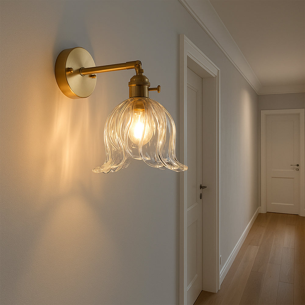 Floral Glass Sconce Light 6.3 Inch Green Metal Arm Wall Mount Fixture for Bedrooms Entryways Living Spaces Ambient LED Lighting