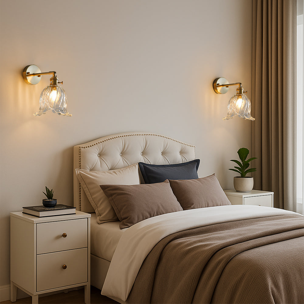 Floral Glass Sconce Light 6.3 Inch Green Metal Arm Wall Mount Fixture for Bedrooms Entryways Living Spaces Ambient LED Lighting