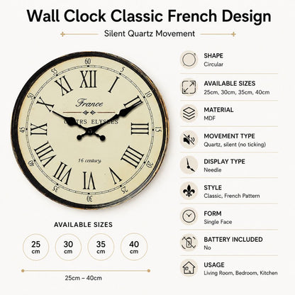 Round Vintage-Inspired Analog Wall Clock Whisper-Quiet Non-Ticking for Bedroom Living Room Kitchen MDF Construction French Provincial Style