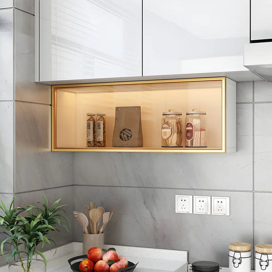 Gabinete de pared de madera con puerta de vidrio para almacenamiento en cocina y exhibición en sala de estar, 12 pulgadas de altura, varios anchos, iluminación LED opcional, montado en la pared