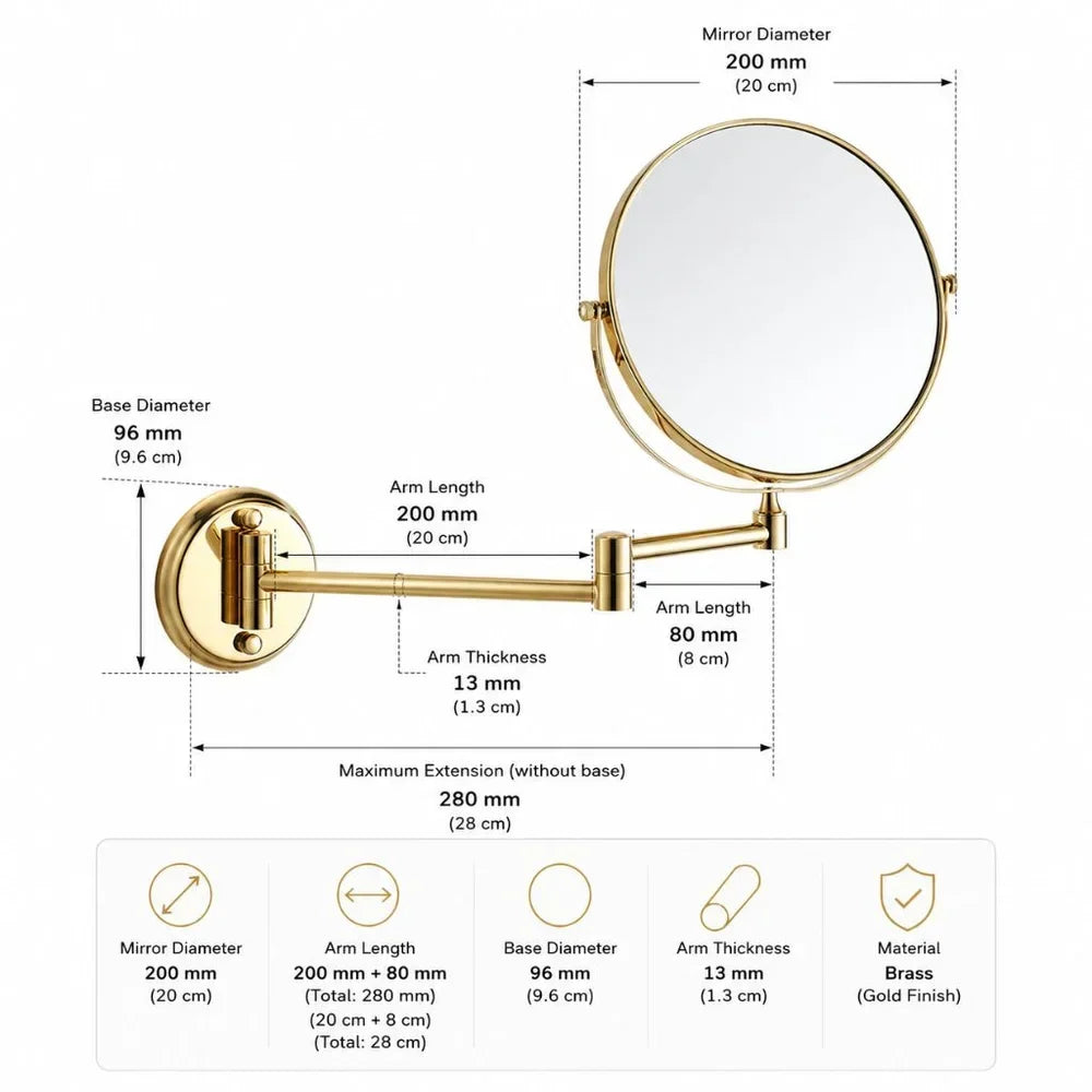 Extendable Dual-Sided Vanity Mirror with Adjustable Wall Arm for Close-Up Makeup Application and Everyday Grooming in Bathroom or Dressing