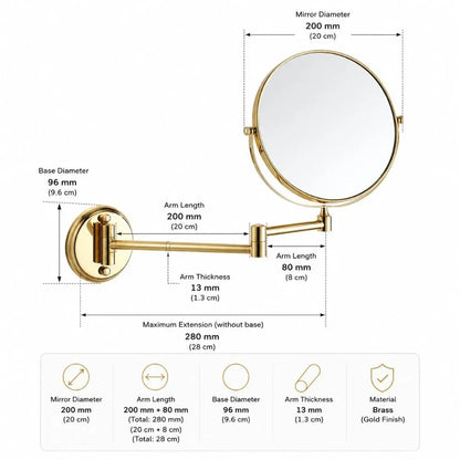 Extendable Dual-Sided Vanity Mirror with Adjustable Wall Arm for Close-Up Makeup Application and Everyday Grooming in Bathroom or Dressing