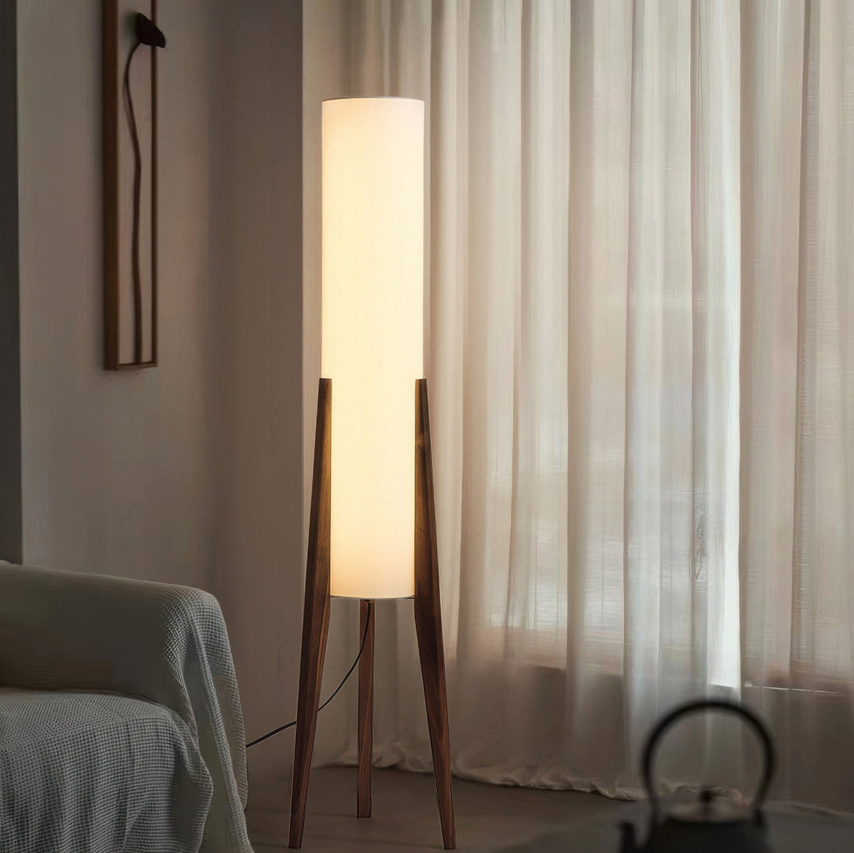 Solid Wood Floor Lamp with Fabric Shade – Mid-Century Standing Light for Living Room & Bedroom – Natural Walnut Base – 12W LED