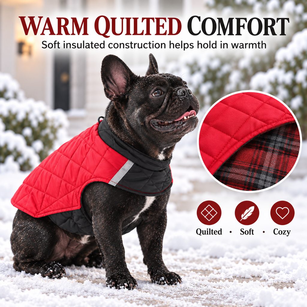 Ortekor Reversible Quilted Dog Winter Coat for Cold Walks - Water-Resistant Reflective 2-in-1 Jacket with Easy Belly Fit