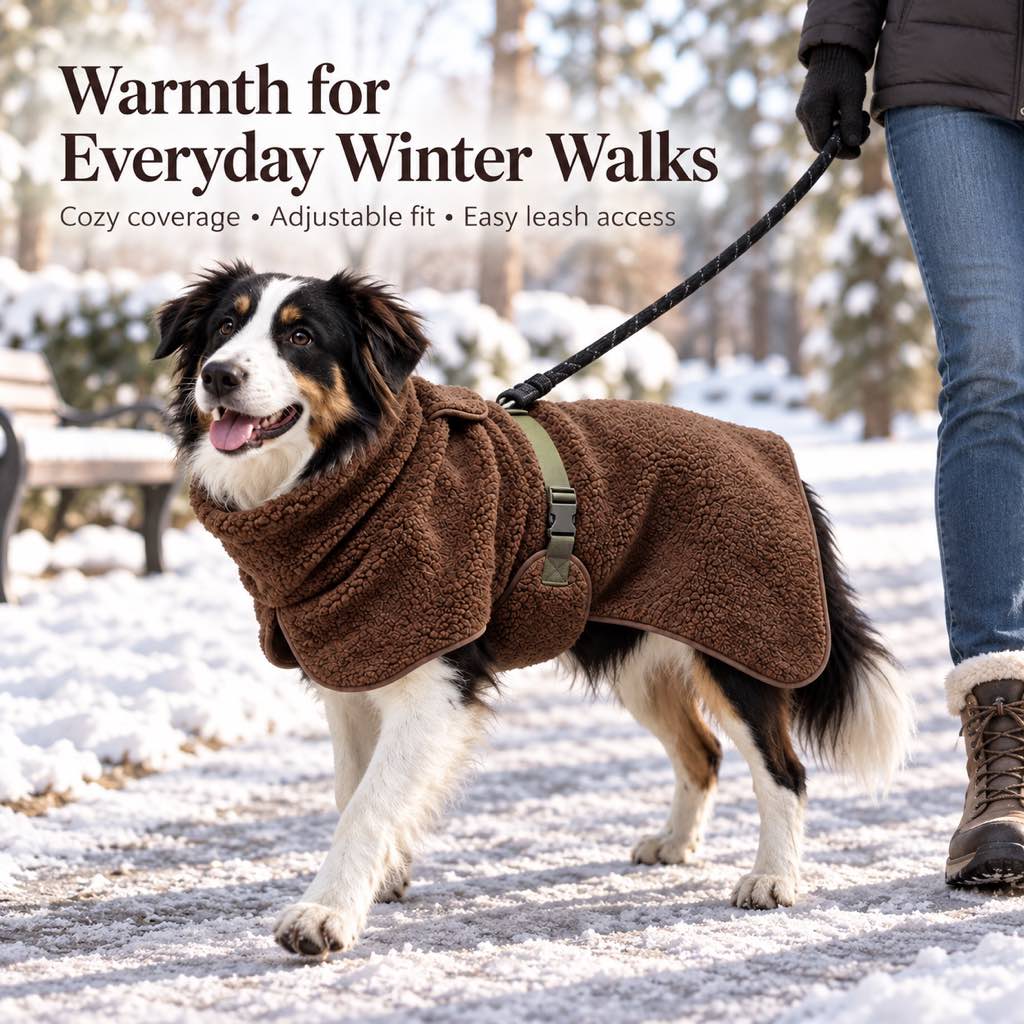 Ortekor Sherpa Fleece Dog Winter Coat with Adjustable Fit & Leash Opening, Warm Outdoor Jacket for Cold Weather Walks, Hiking and Camping