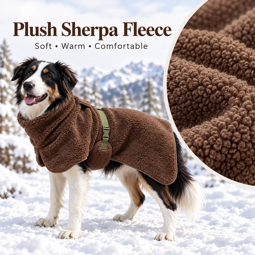 Ortekor Sherpa Fleece Dog Winter Coat with Adjustable Fit & Leash Opening, Warm Outdoor Jacket for Cold Weather Walks, Hiking and Camping