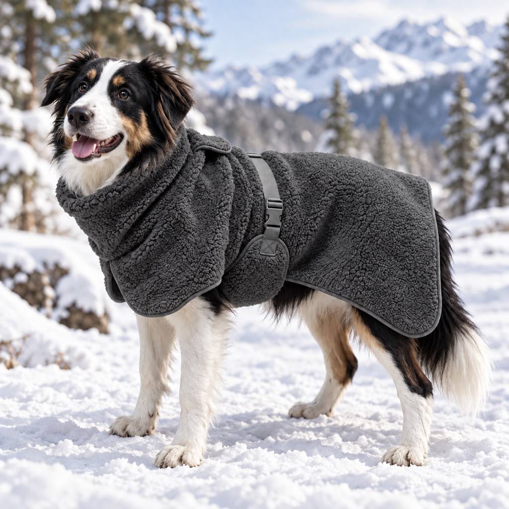 Ortekor Sherpa Fleece Dog Winter Coat with Adjustable Fit & Leash Opening, Warm Outdoor Jacket for Cold Weather Walks, Hiking and Camping